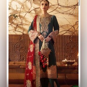 Pakistani designer AJRCouture Green and Red /Embroidered Dress (Article Afsana)
